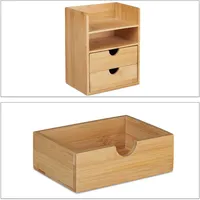 Relaxdays Schreibtisch Organizer, 2 Schubladen & Ablagen, Büroutensilien, Bambus