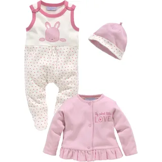 Strampler, Jäckchen & Mütze KIDSWORLD "3tlg Baby-Set, für kleine Mädchen", Baby, Gr. 50/56, rosa (rosa, weiß), Obermaterial: 100% Baumwolle, gemustert, bedruckt, modisch, KOB Set-Artikel Baby-Set Erstausstattungspaket, aus Bio-Baumwolle