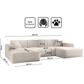 kaiser möbel Ecksofa, Eckcouch U form, Wohnzimmer Couch Large 342cm SIENA stoff Poso Beige - Creme