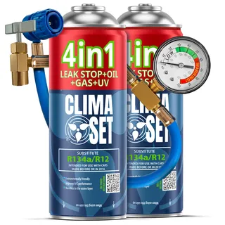 CLIMASET - 2 x 4in1 R134a Kältemittel, Öl, Dichtmittel mit UV Farbstoff + Schlauch - Auto Klima Selbst Befüllen Set und Leckortung - Nachfüllset, Autoklima Nachfüllen