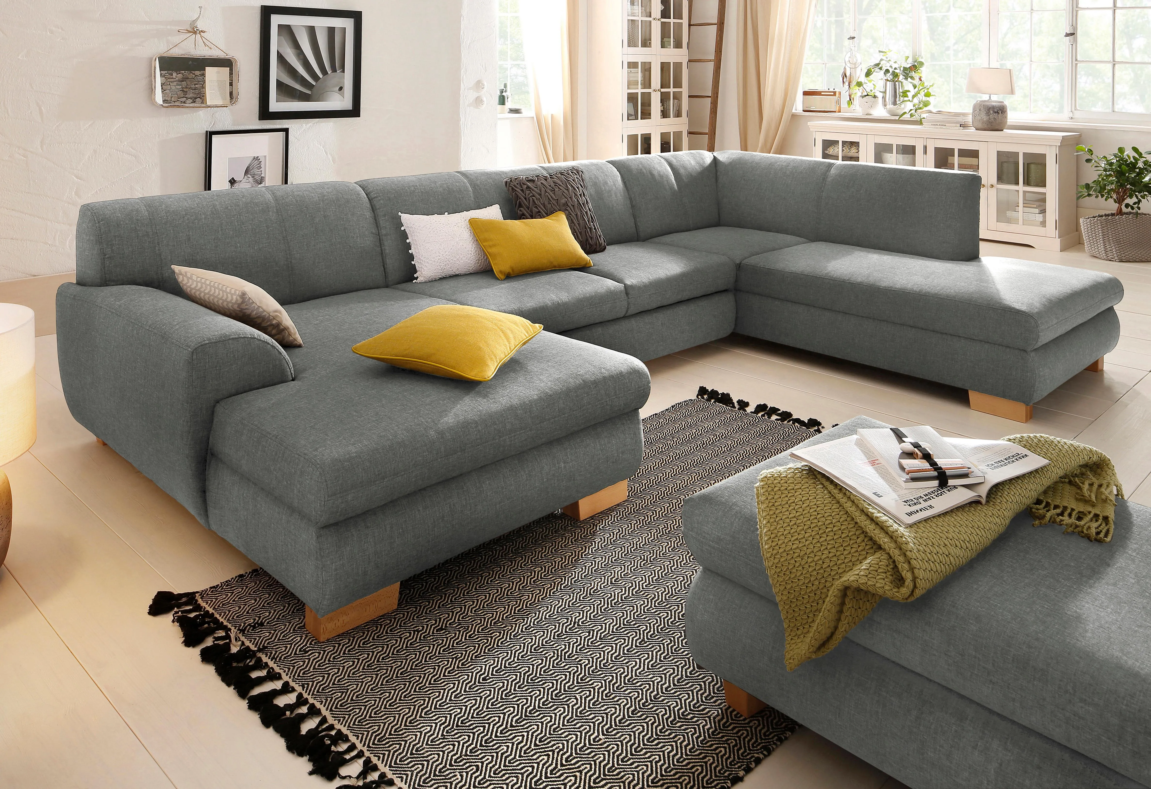 Wohnlandschaft HOME AFFAIRE "Nika U-Form", silber, B:347cm H:78cm T:84cm, Struktur fein (100% Polyester), MELROSE/Struktur (100% Polyeter/ 85%Polyester, 15% Polyacryl), Sofas, Wohnlandschaft, MELROSE/Struktur oder Struktur fein