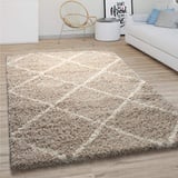 Paco Home Hochflor Teppich Wohnzimmer Shaggy Skandinavisches Rauten Muster Modern In Beige, Grösse:120x170 cm