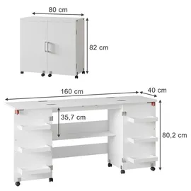 Vicco Nähtisch Carmen, Weiß, 160 x 80.2 cm mit 6 Regalfächer, Nähzubehör, Weiss