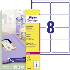 Avery Zweckform L7765-40 Hochglanz-Etiketten (320 Glossy Aufkleber, 99,1x67,7mm auf A4, selbstklebend, bedruckbar, hochglänzendes Papier zur Produktkennzeichnung, für Laser-Drucker) 40 Blatt, weiß