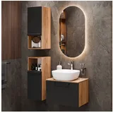 Planetmöbel Waschtischunterschrank Astra 60 cm gold eiche / anthrazit mit Aufsatzwaschbecken weiß und 2x Midischrank gold eiche / anthrazit