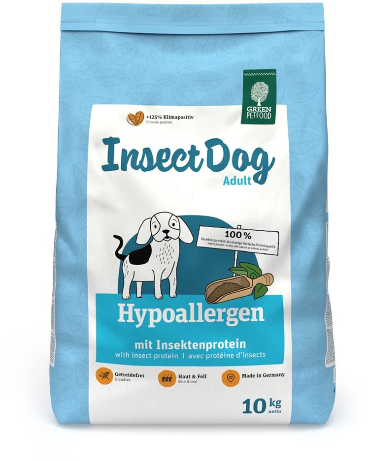 Green Petfood InsectDog Hypoallergen (1 x 10 kg), getreidefreies, Trockenfutter für ausgewachsene, empfindliche, mit Insektenprotein, Futter für allergische Hunde, 1er Pack