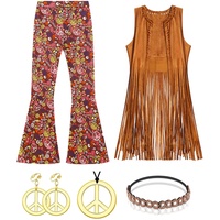 ATOWORLD 70er Jahre Hippie Kleid Kostüm für Frauen Fransen Weste Boho Ausgestellte Hose Cardigan mit Friedenszeichen Ohrringe Stirnband und Halskette 5 Stück (klein)