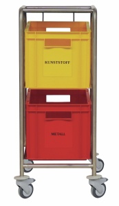 novocal Wertstoffsammler, Edelstahlfahrgestell mit farbigen Kunststoffkästen, 2 Kästen, Kastengröße 300 x 400 x 270 mm