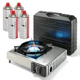evocamp Gaskocher 1-flammig mit Piezozündung inkl. 4x 227g und Transportkoffer, 2,2 kW Leistung