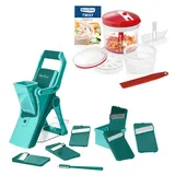 Genius Nicer Dicer Mando inklusive Twist Gemüseschneider 21 tlg., Gemüsehobel manuell stehend mit Auffangbecken 6 Einsätze Zwiebel Kartoffel Pommesschneider Salatschneider, Salatschleuder