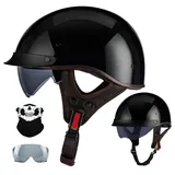 Motorradhelm Retro Halbhelm, Halbschale Jethelm, ECE-Zulassung, Mit Brille Und Gesichtsabdeckung, Für Bike Cruiser Chopper Moped Scooter, für Damen und Herren Erwachsene, M~XXL