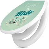 banjado Familien WC Sitz mit Absenkautomatik 44,9x37,1cm - Klobrille mit Kindersitz aus hochwertigem Polypropylen - Toilettendeckel mit Kinder Toilettensitz integriert - Motiv I want to ride my bike
