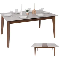 Esszimmertisch HWC-M57, Esstisch, Massiv-Holz Laminat Melamin 160-200x90cm, ausziehbar Beton-Optik, braune Beine