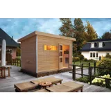 Woodfeeling Karibu Saunahaus Skrollan 2 naturbelassen-9 kW Bio-Kombiofen inkl. Steuergerät-Moderne Saunatür (Klarglas) inkl. 8-teiligem gratis Zubehörpaket (Gesamtwert 191,92€)