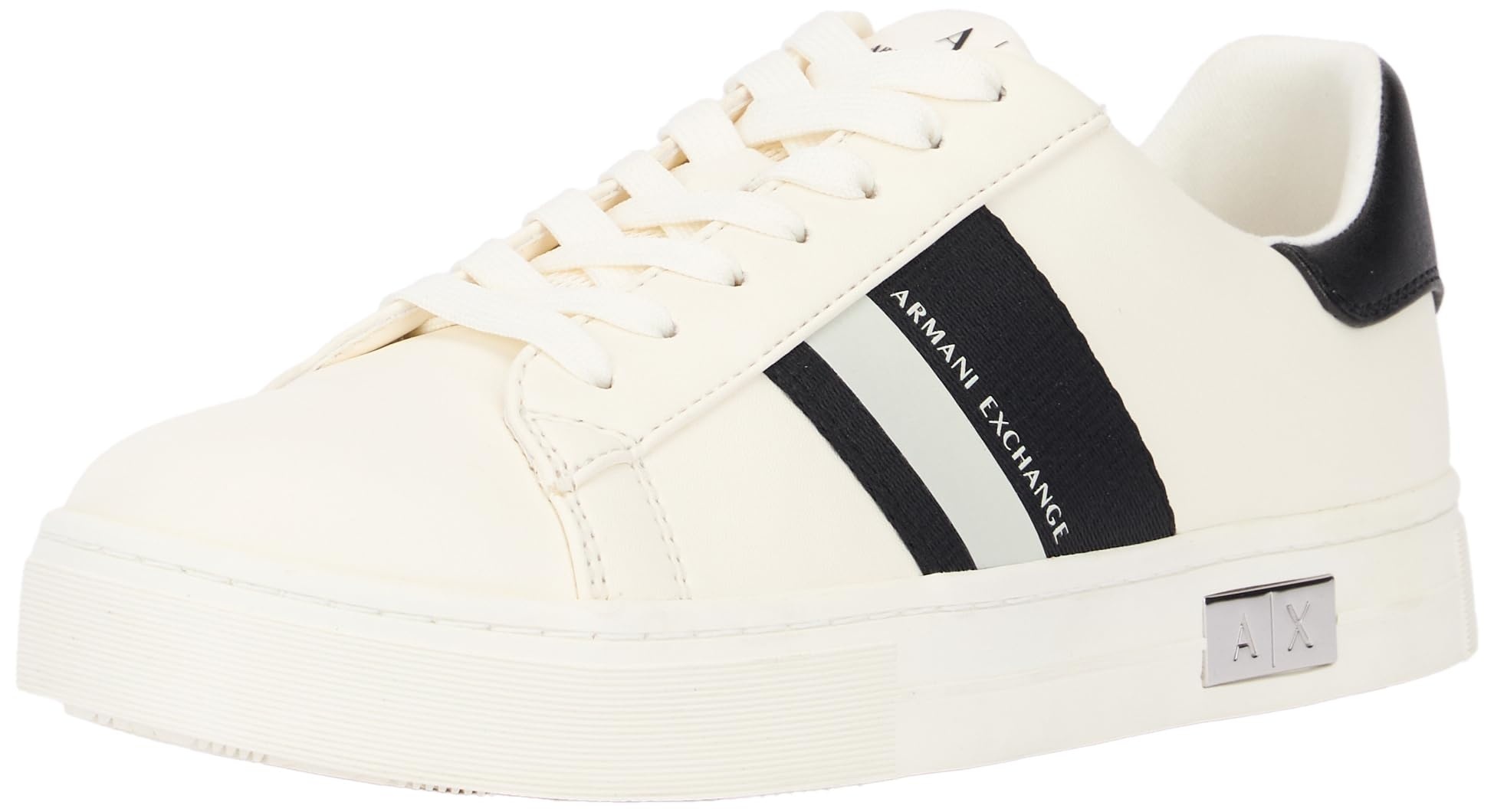 Armani Exchange Damen Cup Sole Mina, Back tab with and Metal Logo Detail on Side Sneaker, Off White+Black, 36.5 EU