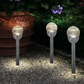 ETC Shop Kugelleuchte Außenlampe Solarleuchte, Gartenlampe in Bruchglas-Optik, Wegeleuchte, integrierter Akku, Edelstahl, silber, led, DxH 6x24,5cm, 4er Set