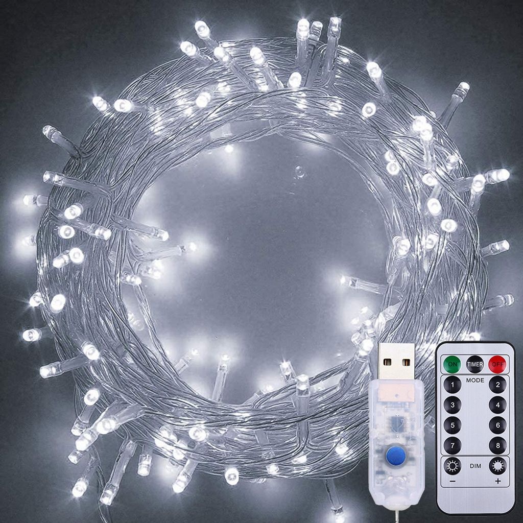 5m 50 LED Lichterkette Weiß USB 8 Lichtmodi Wasserdichte Garten Party Weihnachtsbeleuchtung mit Fernbedienung