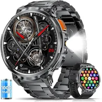 Smartwatch Herren Militär mit 1000mAh Akku/LED-Licht,1,85” mit Telefonfunktion,Fitnessuhr mit 5ATM Wasserdicht/130+Sportmodi/Herz-/Schlaf/2 Armb... - Schwarz