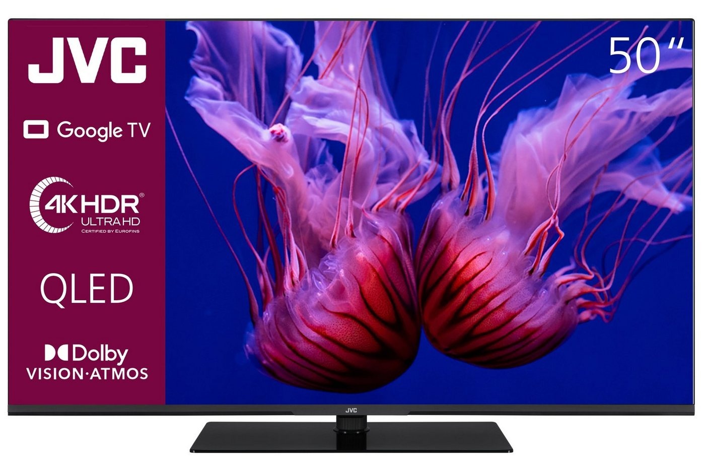 JVC LT-50VGQ8255 QLED-Fernseher (126 cm/50 Zoll, 4K Ultra HD, Google TV, Smart TV, HDR Dolby Vision, Triple-Tuner, Bluetooth, Dolby Atmos, MEMC) schwarz