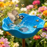 Vogeltränke Stehend Gartenstecker Bienentränke Metall Blumen Insektentränke Blume Bienentränke Wildvogeltränken Vogelbad Stehend Fütterungsschale Vogelfutterspender für Garten Balkon (Blau)