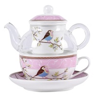 YBK Tech Teekanne aus Glas mit einem Porzellan-Ei Sieb, Happy Bird Muster Tasse und Untertasse Set, Teekanne und Teetasse für einen (Rosa)
