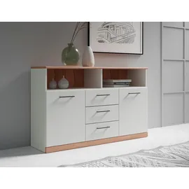 Home Affaire Sideboard Ribe,130cm breit,80cm hoch,Oberplatte Holz massiv,6 Fächer, Oberplatte Kernbuche massiv,schwarze Metall Griffe weiß