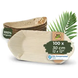 BIOZOYG 100 Stück Einwegschale 30cm Palmblattschale Schiffchenform Einweggeschirr Palmblatt Boot biologisch abbaubar biologisch kompostierbar