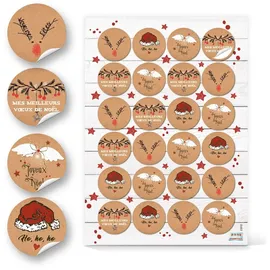 Logbuch-Verlag Dekofigur 48 Weihnachtssticker Joyeux Noël/Joyeuses Fêtes Ø 4 cm in Rot Braun