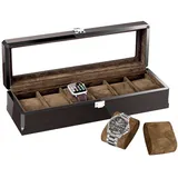 RichLuck Uhrenbox mit 6 Slots, Uhrenkasten großer Glasdeckel, klassische Ebony Uhrenbox für Männer, Aufbewahrungsbox mit abnehmbarem Uhrenkissen, Geschenk für den Vatertag, Jubiläum. (Schwarz)