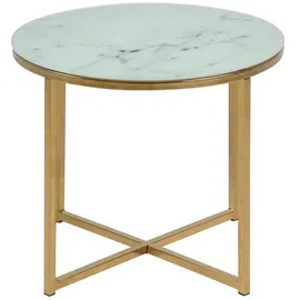 VCM ebuy24 Couchtisch, Weiß, Holzwerkstoff, 50x42x50 cm in Glas mit Marmor print und einem Gestell aus goldenen Chrom.