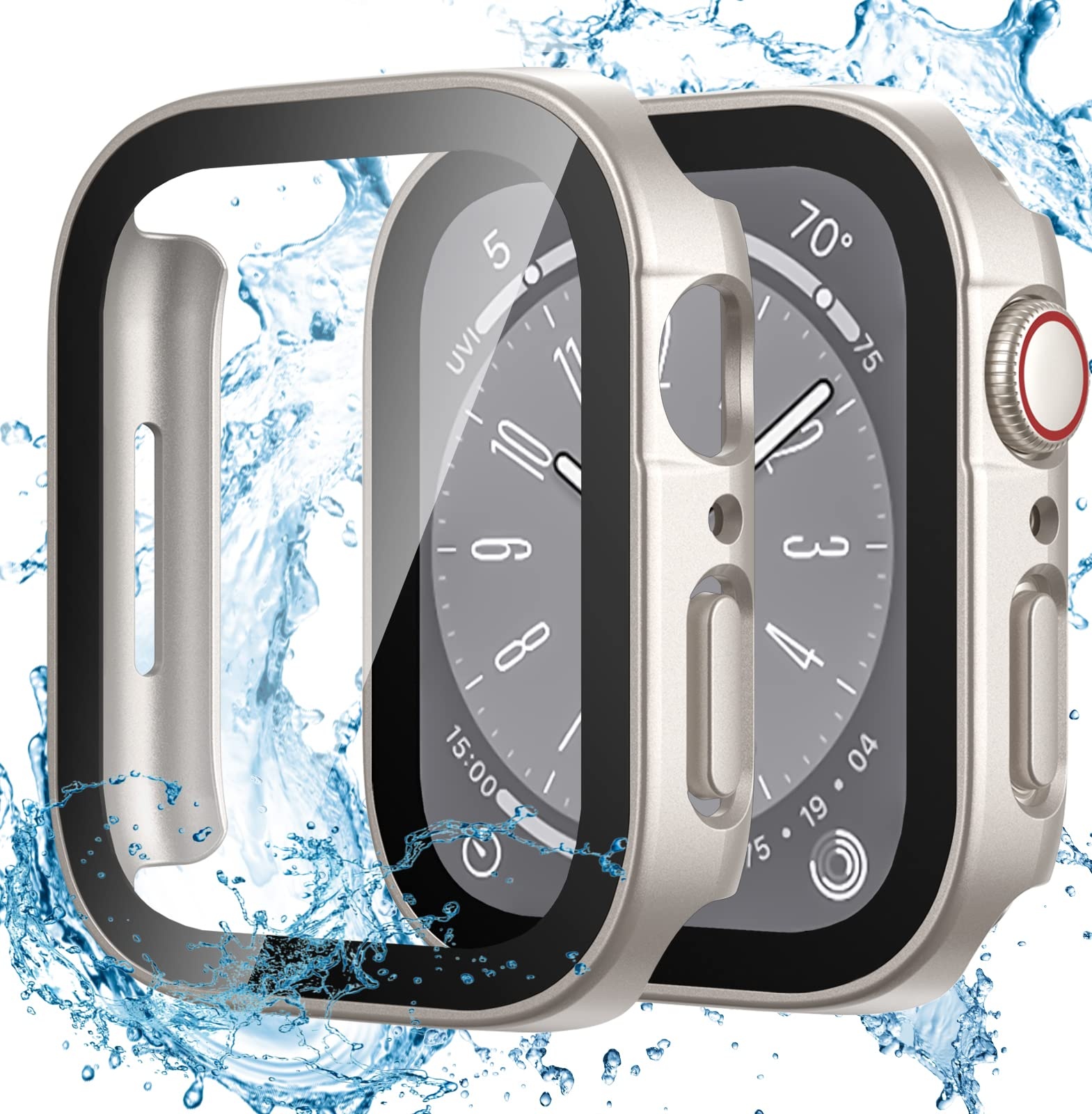 Dirrelo 2 Stück Schutzhülle für Apple Watch Series 9/8/7 45mm Hülle mit Panzerglas Displayschutz, Wasserdicht Hart PC Flache Kante Case, Hochempfindliche Schutzfolie für iWatch 9/8/7, 2Sternenlicht