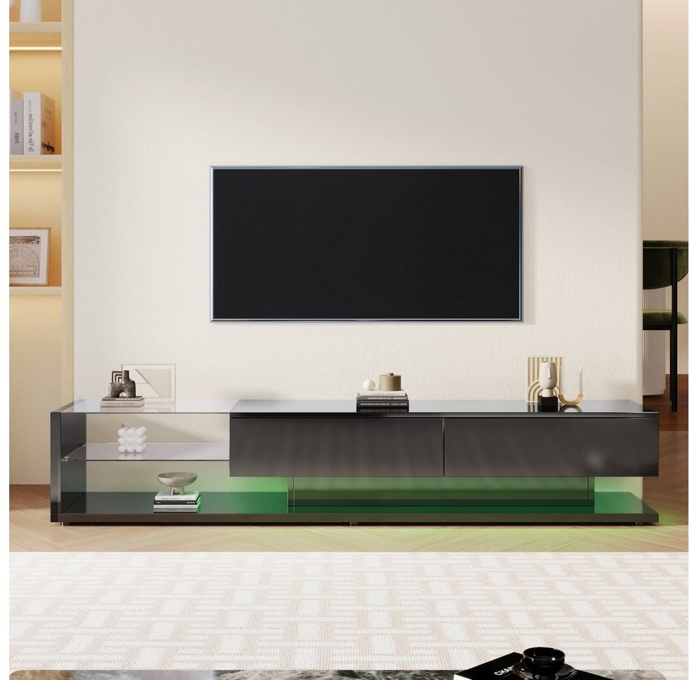 Ulife Lowboard TV-Schrank hochglänzend mit LED,TV-Board, TV-Ständer, Lowboard mit Glasablagen und Schubladen, Hochglanz-Wohnzimmermöbel schwarz