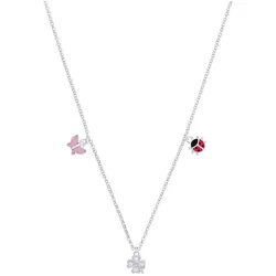 Kette mit Anhänger PRINZESSIN LILLIFEE "Schmetterling/Kleeblatt/Marienkäfer, 2037943", rosa (silberfarben, rosa, pink, schwarz, rosa), Halsketten, Mädchen, Silber 925 (Sterlingsilber), L: 38cm, mit Emaille - mit Zirkonia (synth.)