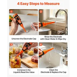 Vevor pH-Meter für Lebensmittel, Messbereich 0–14, Wasserdichte Sonde (IP68), Messgerät mit Automatischer Temperaturkompensation, Kalibrierpulver, für Lebensmittelfermentation, Teig & Fleisch