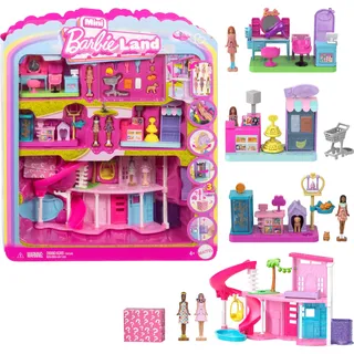 Barbie Mini Barbie Land Traumvilla und 3 Spielsets mit 4 ca. 3,8 cm großen Puppen, Puppenhausmöbeln und -zubehör, enthält Tierhandlung, Friseursalon und Supermarkt, JGL31