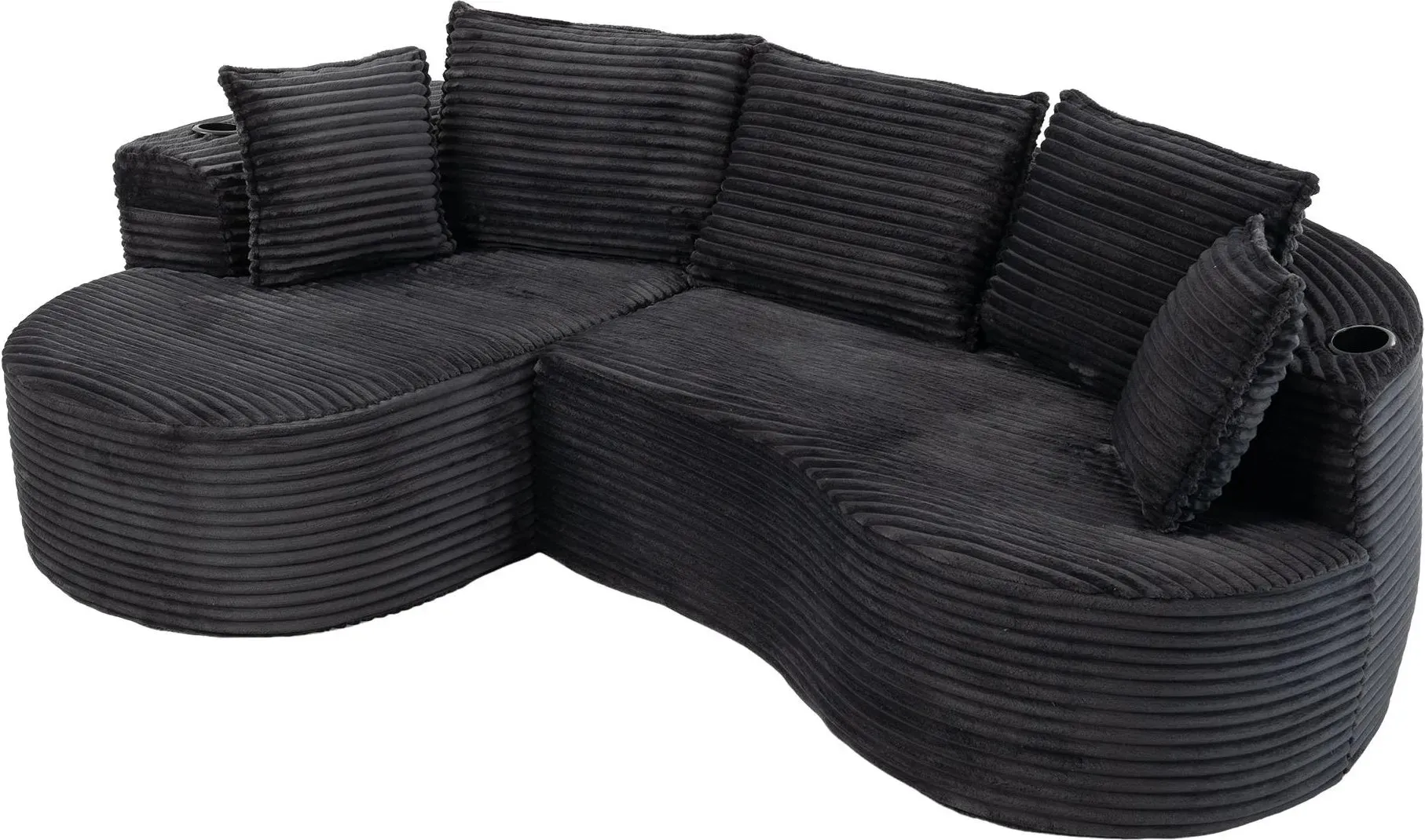 Bogesofa aus Cord, beidseitigen Getränkehaltern und Seitentasche, inklusive Kissen, 250x152x82 cm, Dunkelgrau