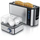 Arendo 2-teiliges Frühstücksset, 2-Scheiben Langschlitztoaster FRUKOST, 8er Eierkocher, Silber