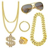 Imtrub 5 Stücke Hip Hop Kostüm Set, Hip Hop Kostüm 80ziger 70er Jahre Accessoires Karneval Gangster Kostüm Hip Hop Cap Goldene Dollar Kette Sonnenbrille, für Männer Frauen Fasching Karneval