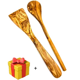 Olivenholz-erleben Kochlöffel 2tlg. Set Olivenholz rund/Pfannenwender ohne Löcher 30 cm Braun