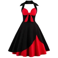Lazzboy Damen Vintage Polka Neckholder Kleid Floral Sping Retro Cocktailkleid Rockabilly 50er Petticoat Faltenrock 1950er Kleider Cocktail Festliche(Schwarz-Blume,3XL) - 3XL