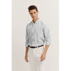 Langarmhemd BUGATTI, Herren, Gr. 4XL, Normalgrößen, 390, marine, 100% Leinen, gestreift, casual, normal, Langarm eckige 2-Knopf-Manschette, Hemden, mit Mandarinkragen