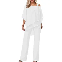 Damen Hosenanzüge Elegant Hochzeit Gäste Hosenanzug 2-teiliges Chiffon Formelles Outfit Übergröße Abschlussball Abend Zweiteiliger Hosenanzug Mutter der Braut Hosenanzug, #02 Weiß, XXL - XXL
