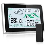 Wetterstation Funk mit Außensensor, Funkwetterstation für Temperatur und Feuchtigkeitsüberwachung Innen/Außen mit Wettervorhersage, Thermometer, DCF Funkuhr und LCD Touchscreen