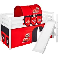 Spielbett JELLE 90 x 190 cm Disney Cars - Hochbett LILOKIDS - Weiß - mit schräger Rutsche und Vorhang - Weiß/Rot/Schwarz