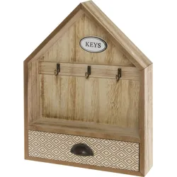 Schlüsselkasten "Sylke", braun (holzfarben), B:25cm H:6cm T:34cm, MDF, MYFLAIR MÖBEL & ACCESSOIRES, Schlüsselkästen, Schlüsselbrett, Haus Form, mit 3 Haken & Schublade