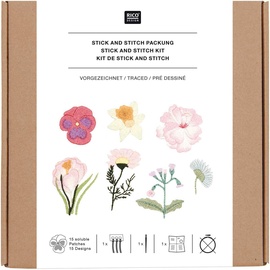 Rico Design Stick & Stitch Packung Frühlingsblumen, inkl. wasserlöslicher Stickvorlage, inkl. wasserlöslicher, bedruckter Stickvorlage, Stickg