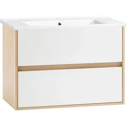 Waschtisch SCHILDMEYER "Mali, Breite 85 cm", weiß (eiche hellfarben, mattweiß, eiche hellfarben), B:85cm H:61cm T:45,5cm, FSC-zertifizierter Holzwerkstoff, Waschtische, Holzdekor mit fühlbarer Struktur, Keramikbecken