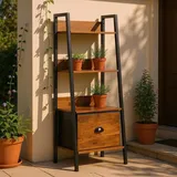 FurnitureR Garten-Beistelltisch Leiterregal 42x29x110 cm, 4 Ebenen, Stoffschublade, 12 mm Holzplatten & 20 mm Metallrahmen, 7,5 cm Rückwand, Outdoor & Balkon Deko-Regal