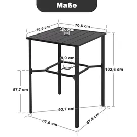 avestar Quadratischer Garten-Bartisch 71x71x103 cm mit Sonnenschirmloch, Lattenrost-Tischplatte mit pulverbeschichtetem Metallgestell, Schwarz
