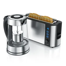 Arendo Frühstücks Set in Edelstahloptik Wasserkocher (mit Teesieb) & Toaster